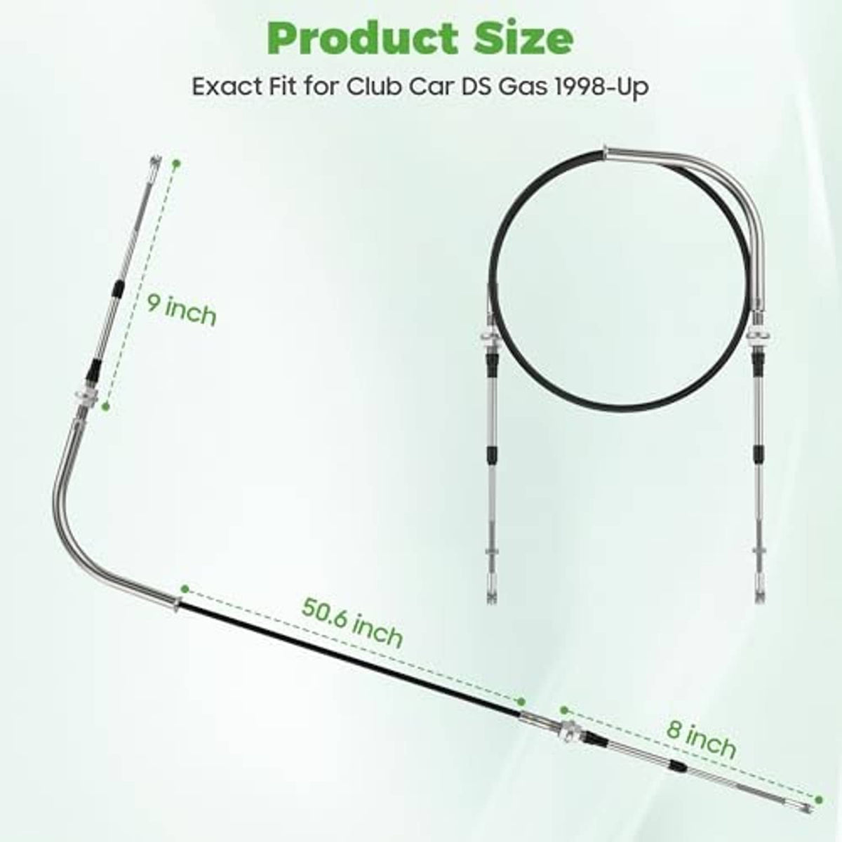 Forward reverse shift cable size: 9 in, 50.6 in, and 8 in measurements