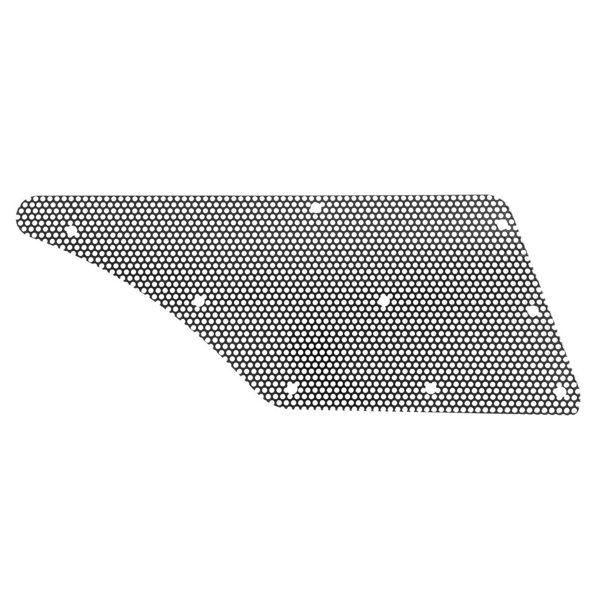 Steel hood side screen mesh panel with curved cutout, dark perforated metal