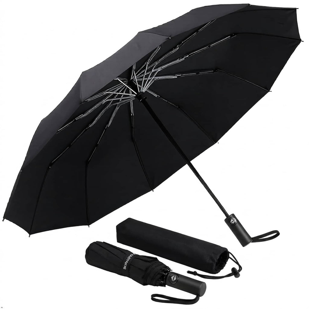 Black 46-inch automatic rain umbrella with curved handle and folded cover