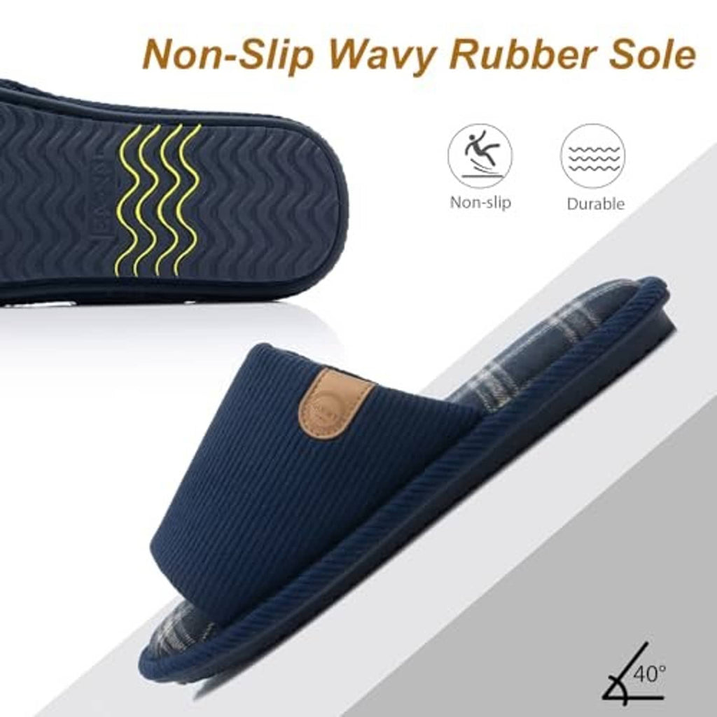 Dark blue corduroy slipper with plaid lining and wavy rubber non-slip sole