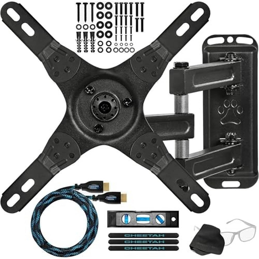 Black TV wall mount bracket kit with mounting plate, HDMI cable, level, and straps