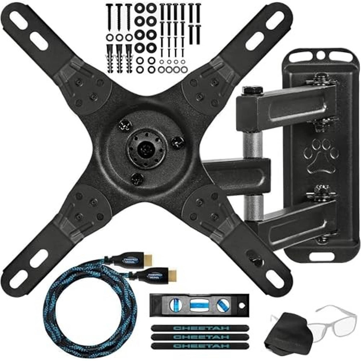 Black TV wall mount bracket kit with mounting plate, HDMI cable, level, and straps