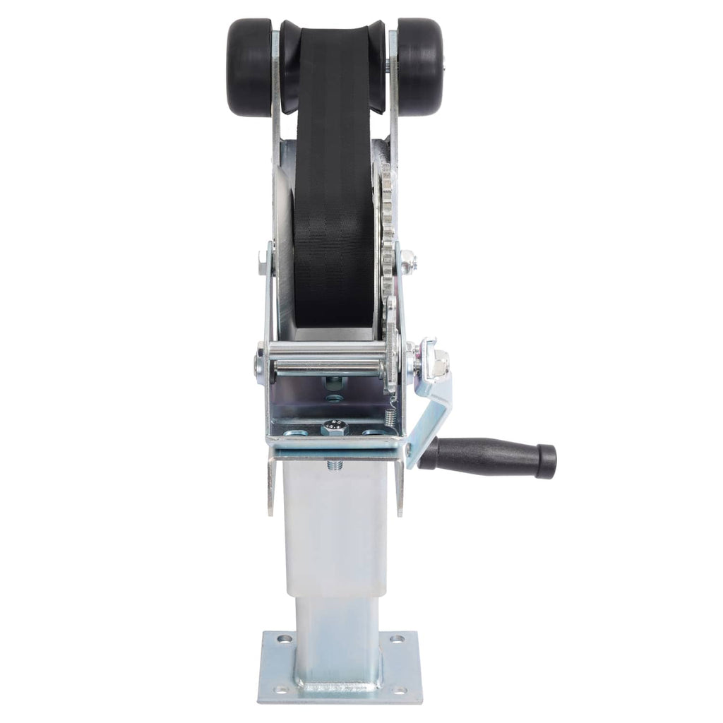 Boat trailer winch stand with twin black rollers, crank handle, and base plate