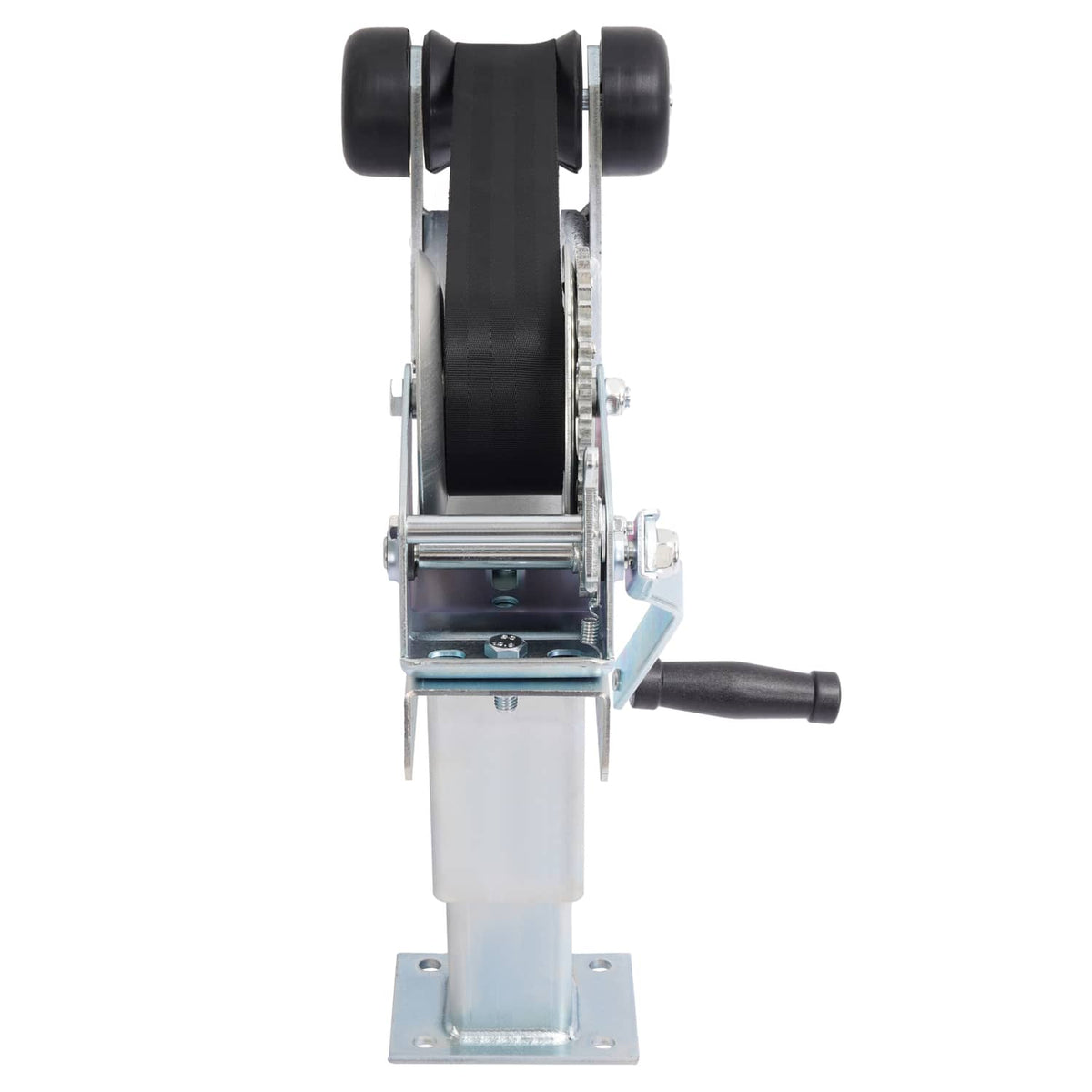 Boat trailer winch stand with twin black rollers, crank handle, and base plate
