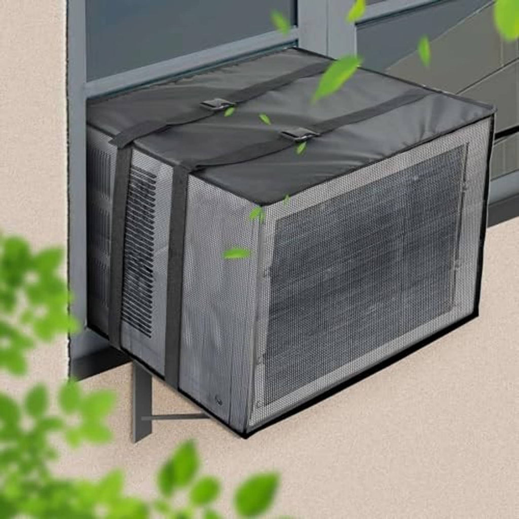Dark gray mesh AC cover for window unit, fitted cube with top tie straps