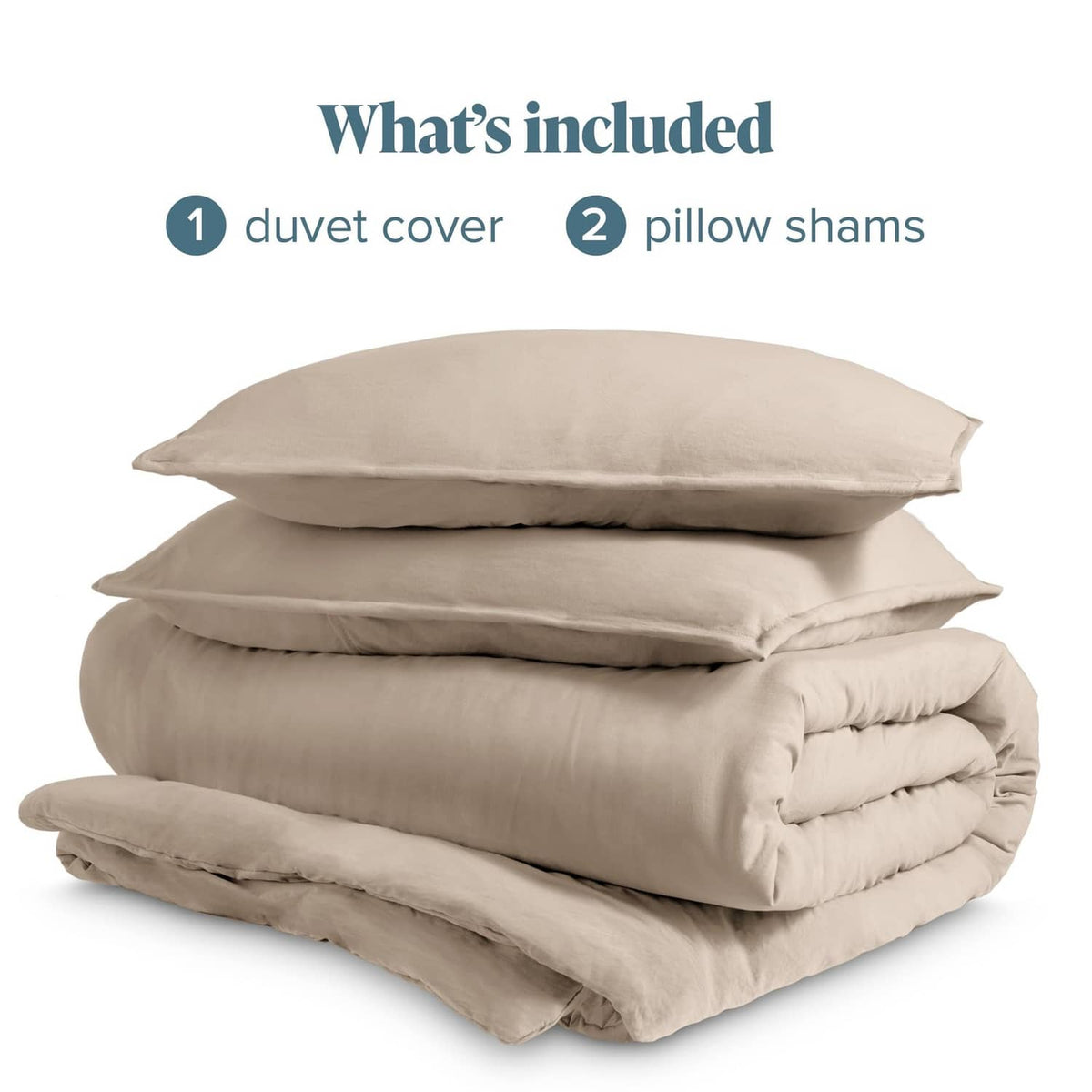 Pebble beige duvet cover and pillow shams set, stacked together