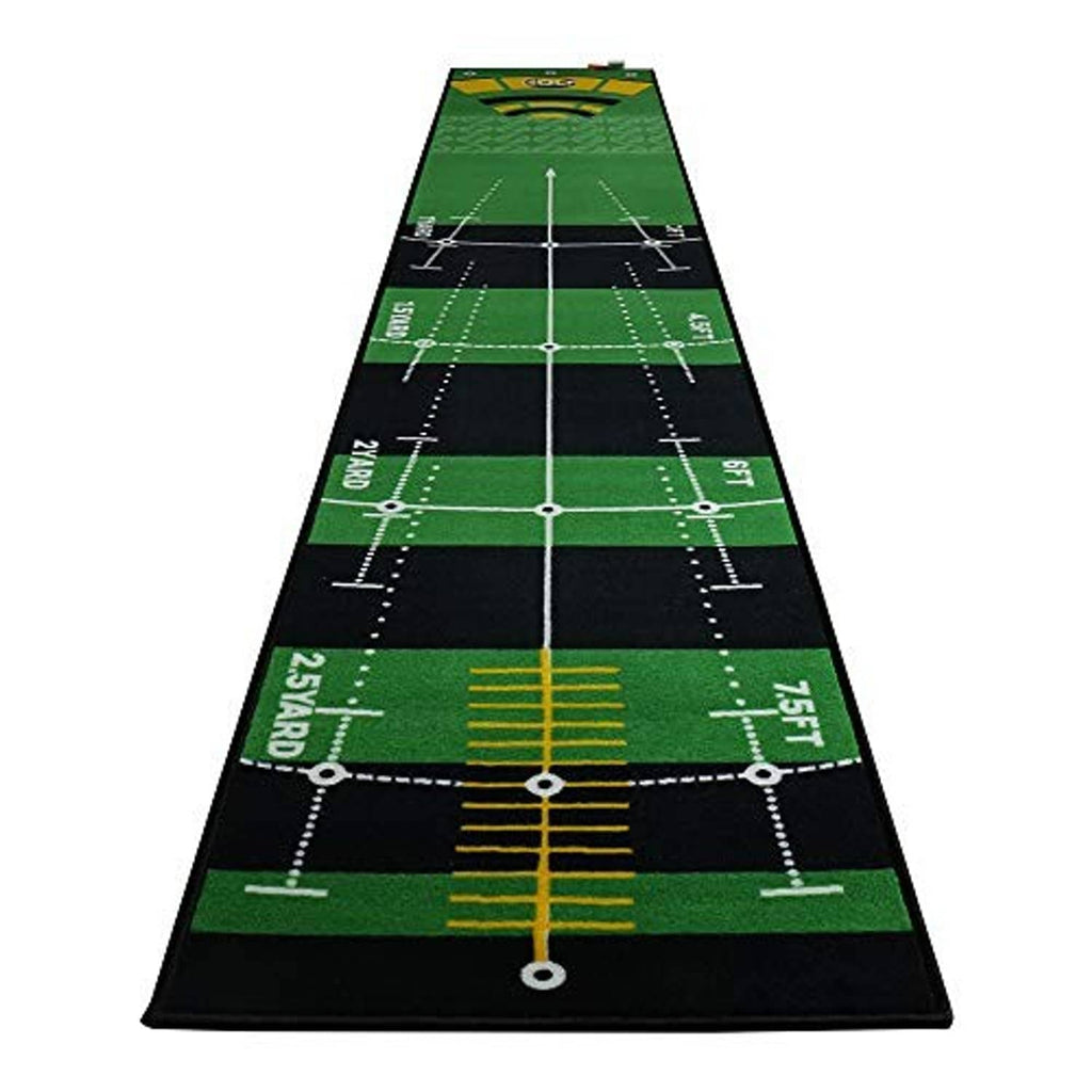 Golf putting practice mat showing center guide line, yard markers, and multiple aiming paths
