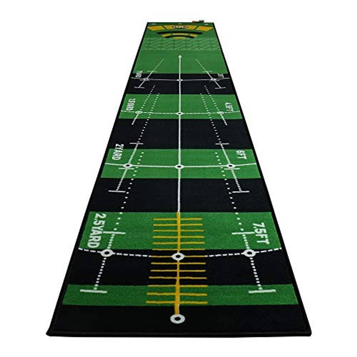 Golf putting practice mat showing center guide line, yard markers, and multiple aiming paths