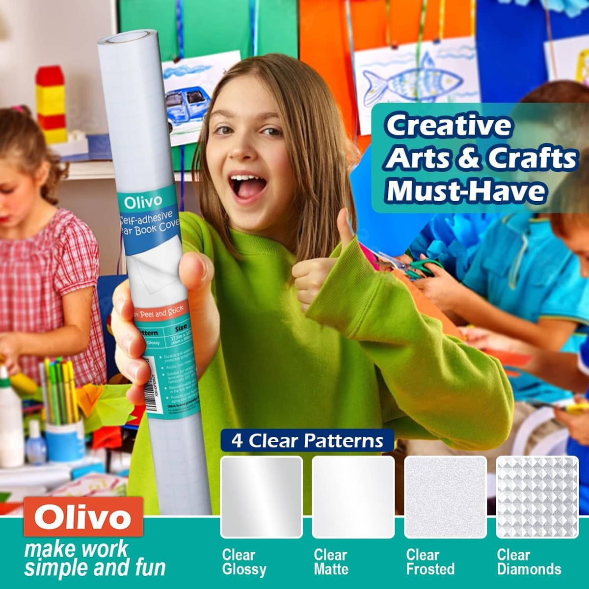 Clear contact paper roll and sample swatches: clear glossy, matte, frosted, diamonds