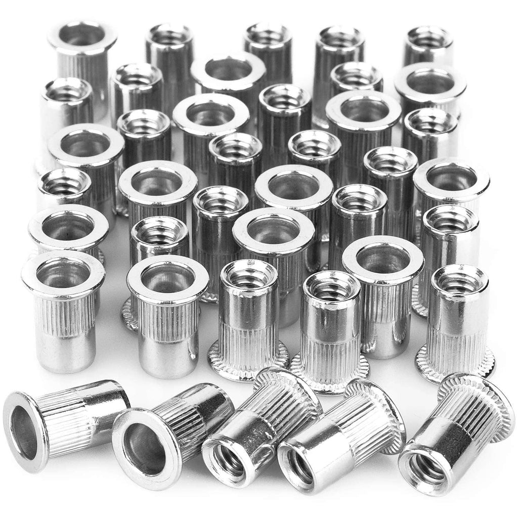 Close-up of stainless steel 1/4"-20 rivet nuts with knurled grip, assorted set