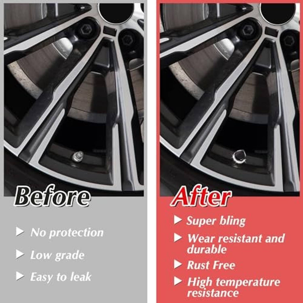 Black tire valve caps with silver rhinestone ring on a car wheel rim