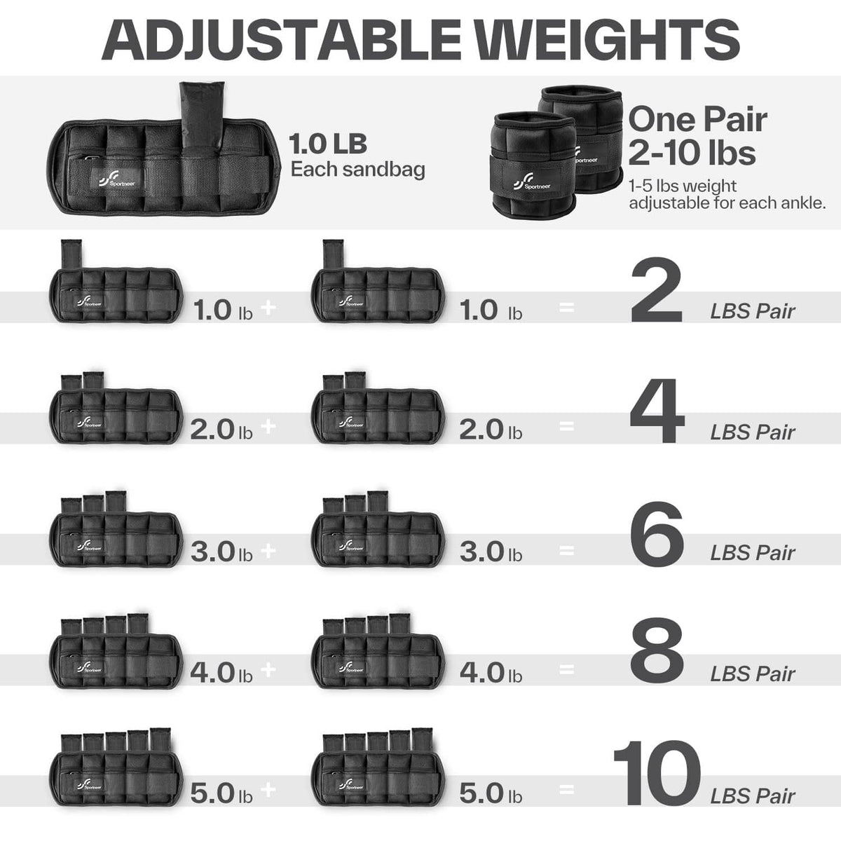 Black adjustable weighted ankle weights with stacked weight compartments
