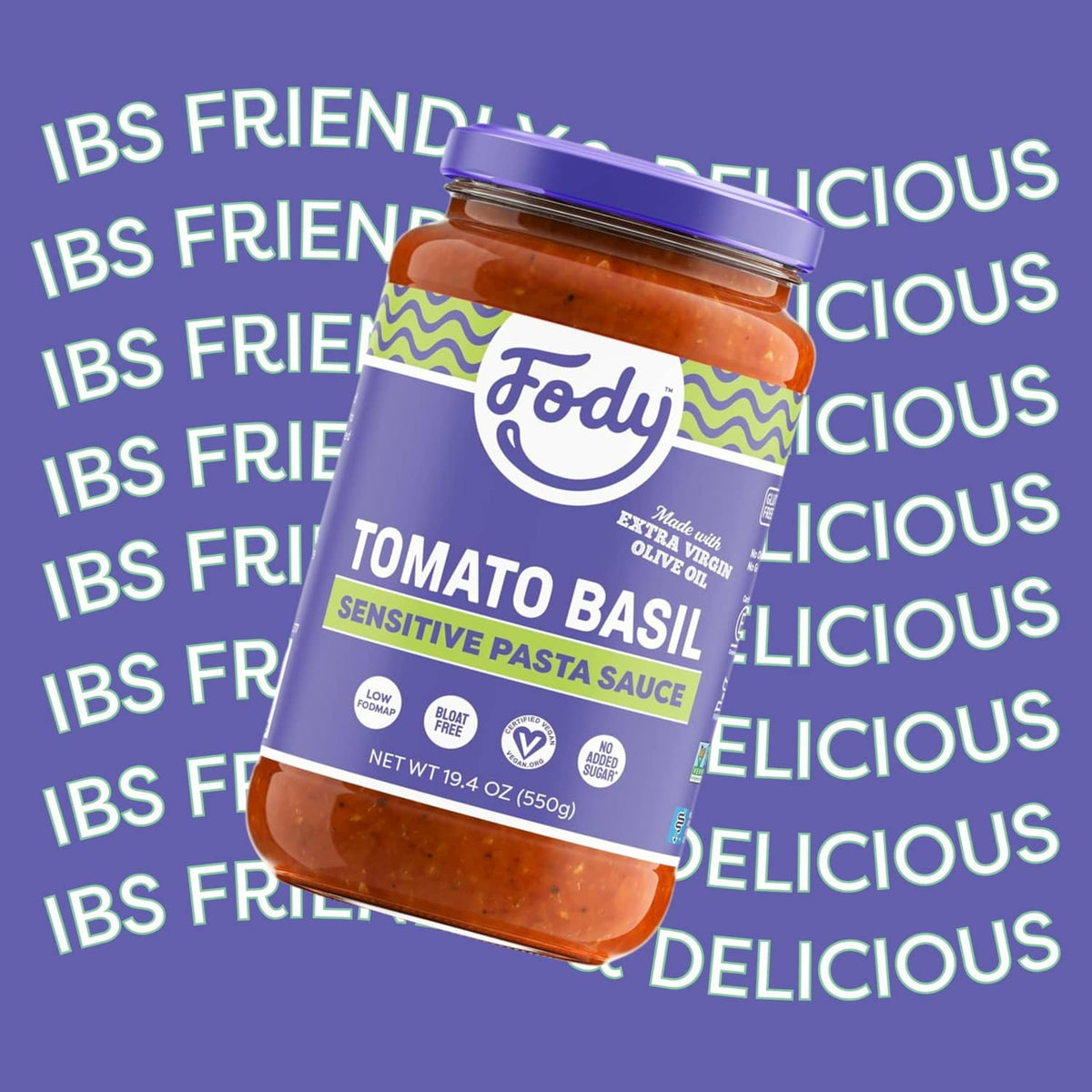 Fody Tomato Basil sensitive pasta sauce jar with purple label and blue cap