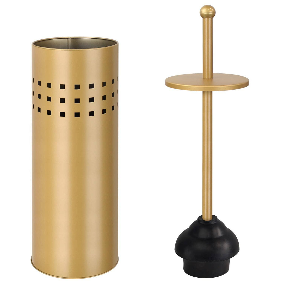 Gold toilet plunger and matching holder, black rubber plunger head