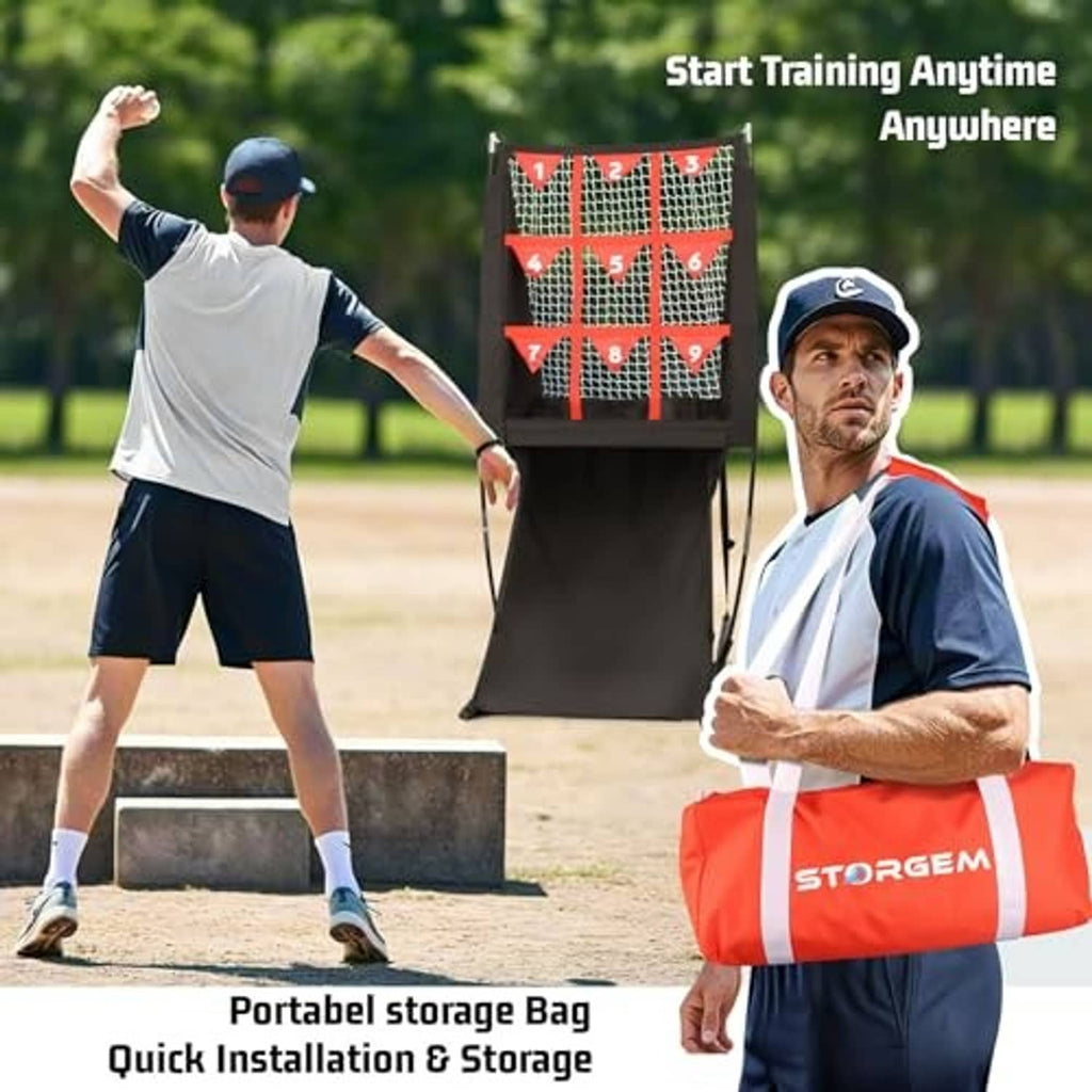 Black pitching net with red numbered target area and portable red storage bag