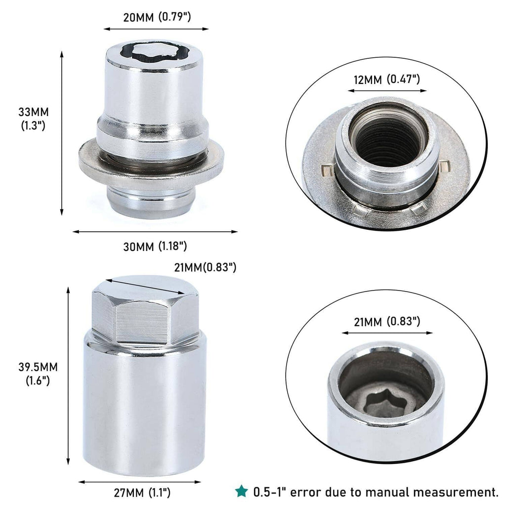 Chrome wheel lock lug nut with internal threaded bore and star key drive, side and end views
