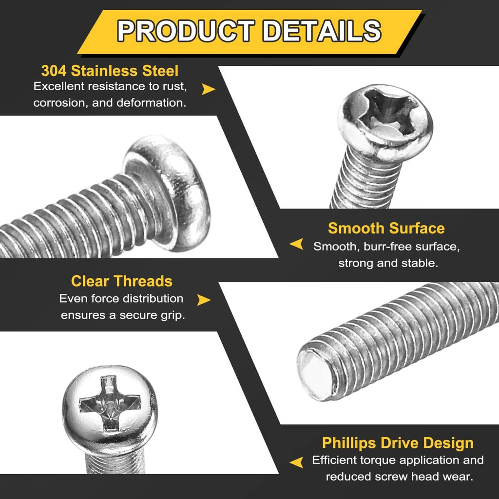 304 stainless pan head machine screws, smooth shank, clear threads, Phillips drive