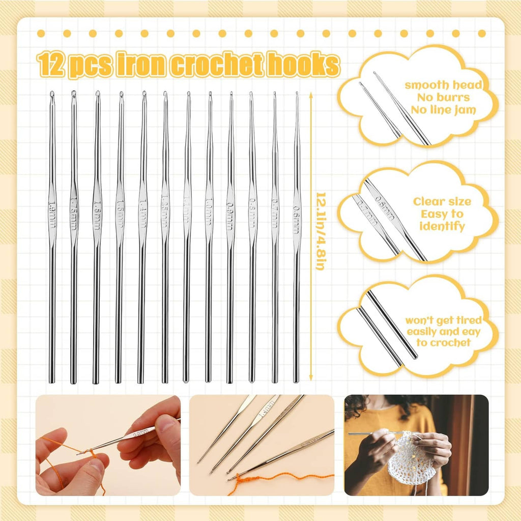 Crochet hooks set with multiple slim metal hooks, arranged in a neat row display.