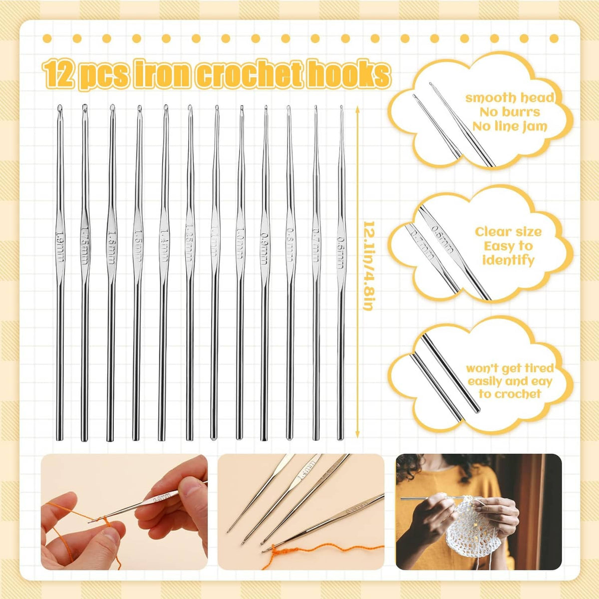 Crochet hooks set with multiple slim metal hooks, arranged in a neat row display.