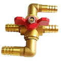 Brass car heater control valve with red lever and four-way barbed fittings