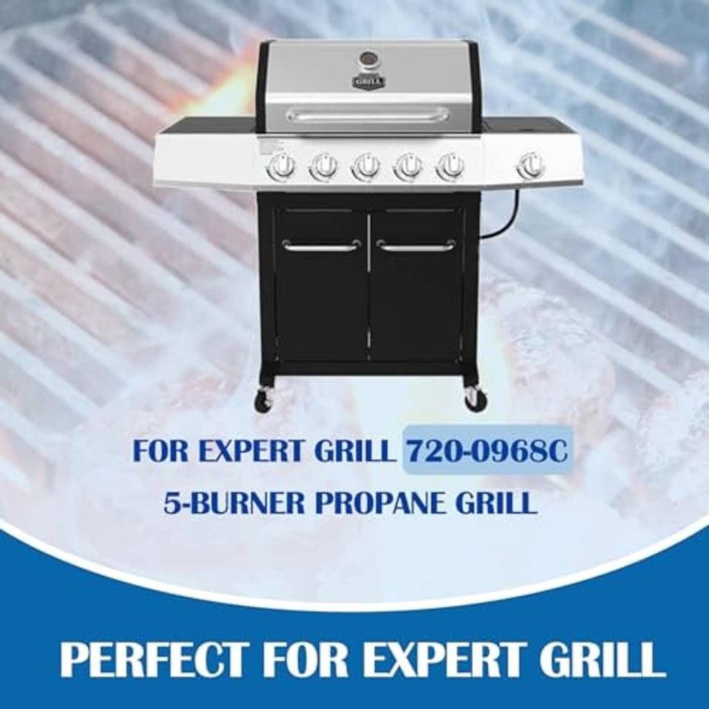 Black 5-burner propane grill with control knobs and lid-mounted handle