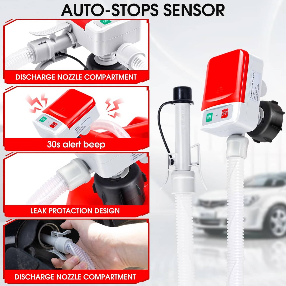 Fuel transfer pump close-up of discharge nozzle compartment with auto-stop sensor