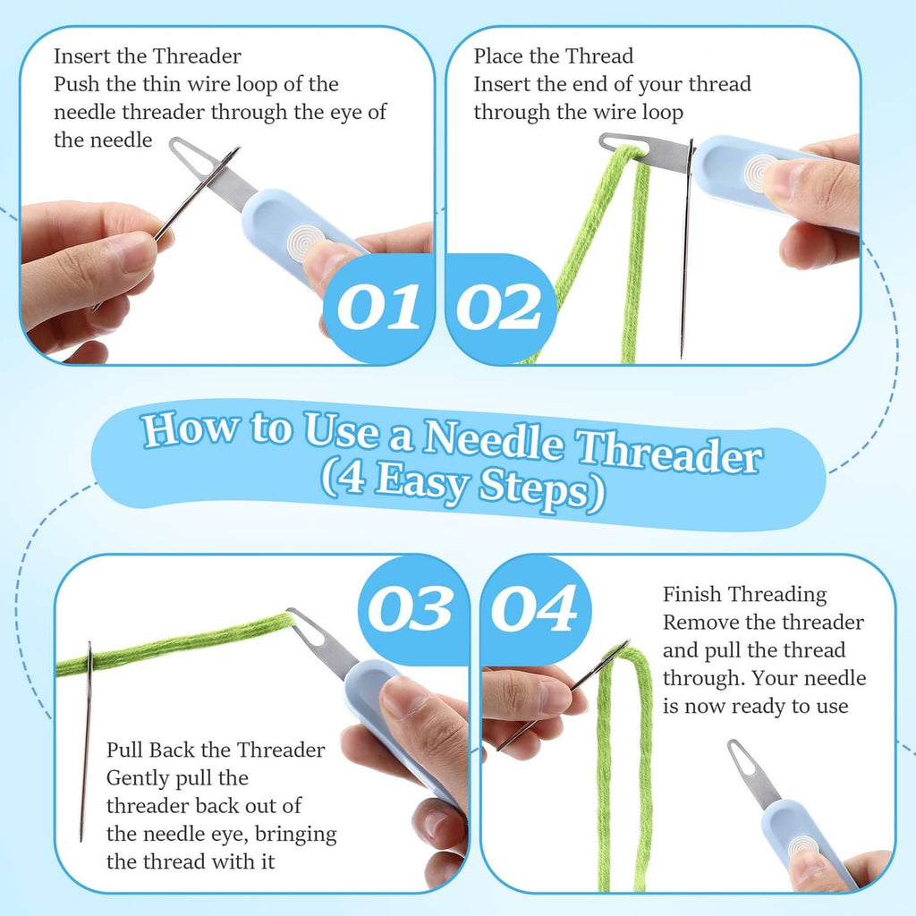 Step-by-step tool use showing blue needle threader guiding thread through the needle eye.