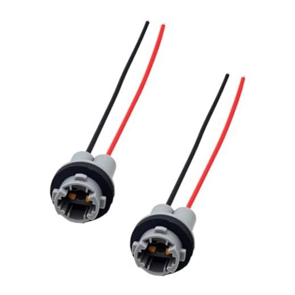 Two car bulb socket adapters with gray housings and red/black pre-wired pigtails
