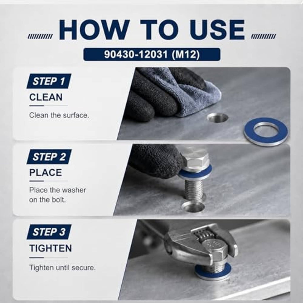 Blue oil drain plug gasket washer placed on a threaded bolt