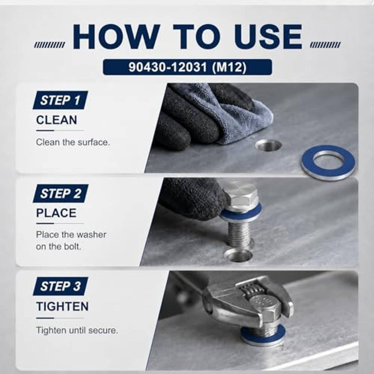 Blue oil drain plug gasket washer placed on a threaded bolt