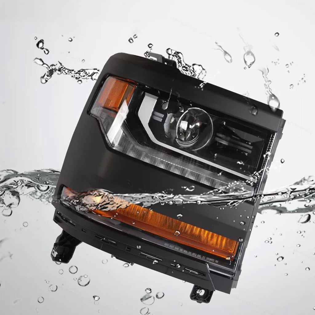 Black headlight assembly with projector lens and amber reflector light