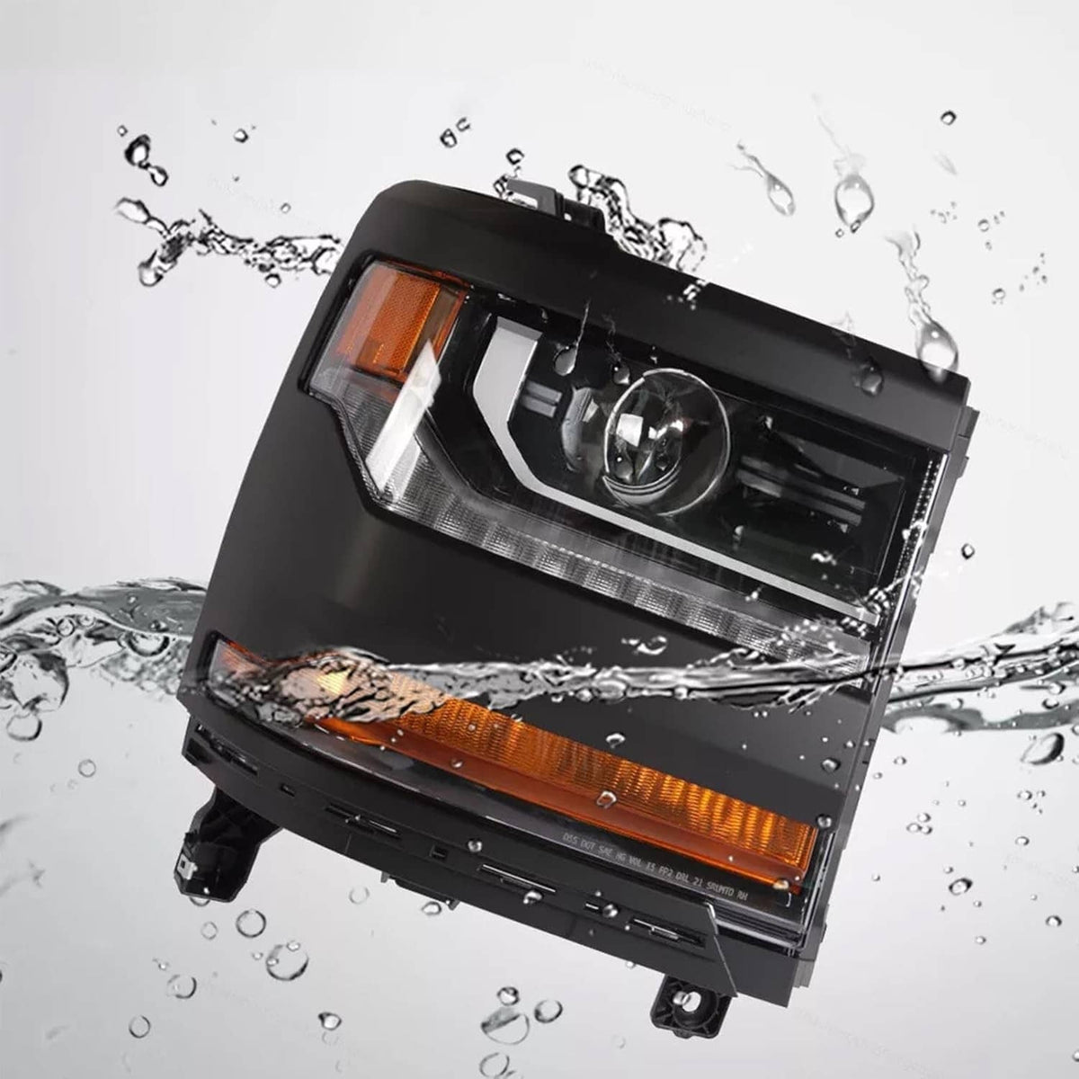 Black headlight assembly with projector lens and amber reflector light