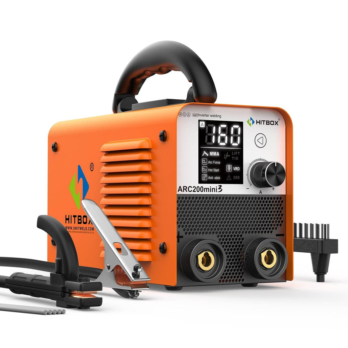 HITBOX orange stick welder with digital display, carry handle, and electrode clamp.