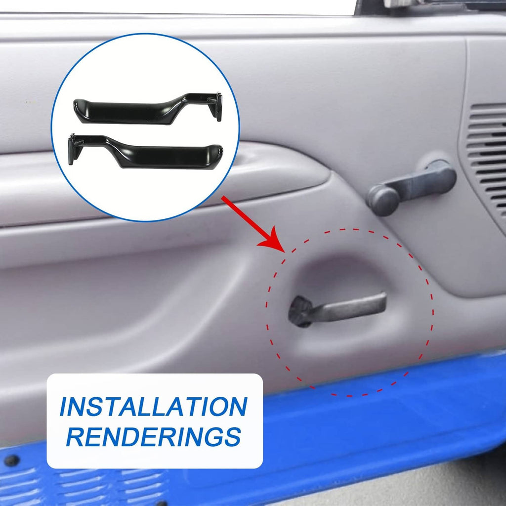 Black interior door handle pair shown near door panel for replacement installation