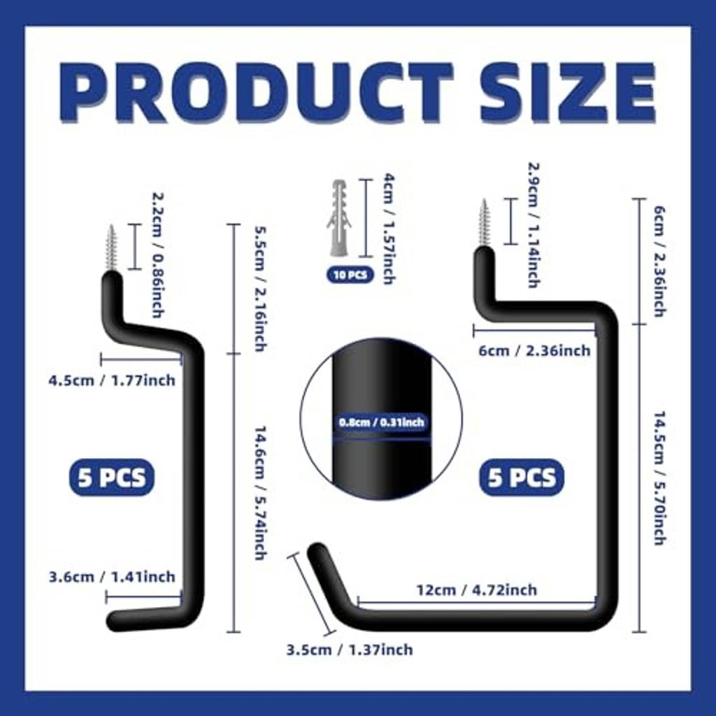 Black screw-in ladder hook size diagram with hook dimensions and screw length