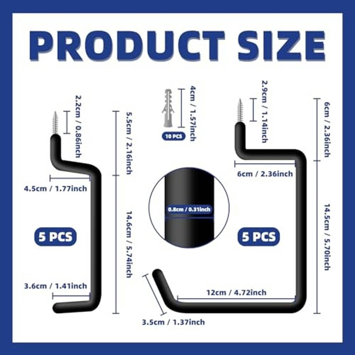 Black screw-in ladder hook size diagram with hook dimensions and screw length