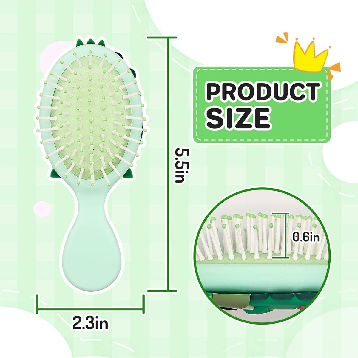 Mint oval kids hair brush with white bristles, dinosaur-themed handle design