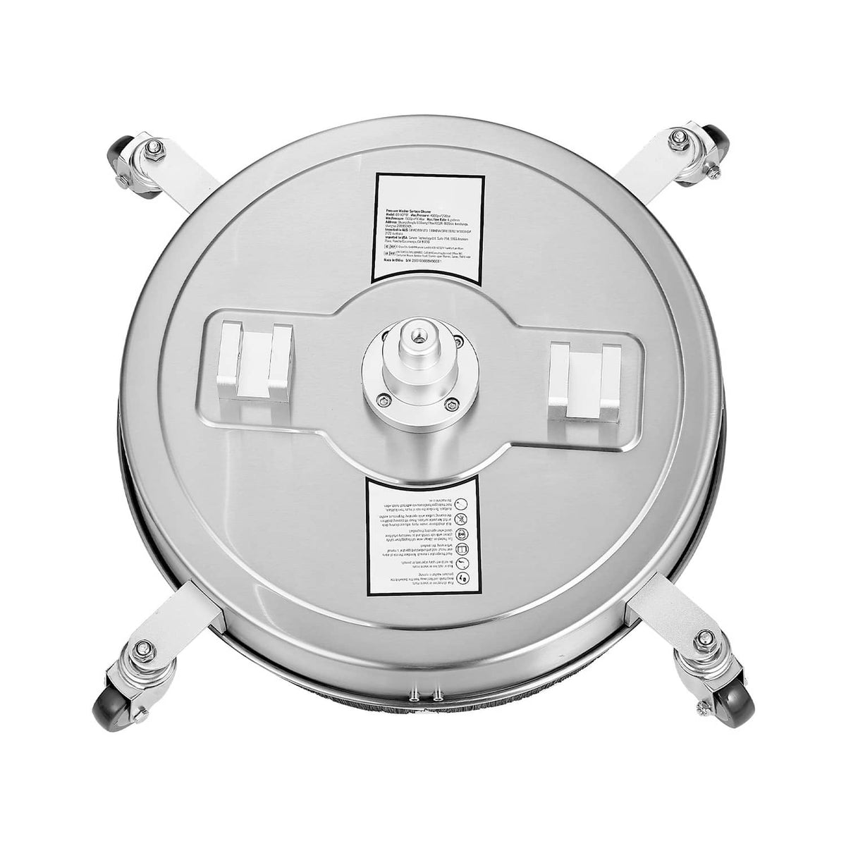 Circular pressure washer surface cleaner top with central spray hub and four mounting feet