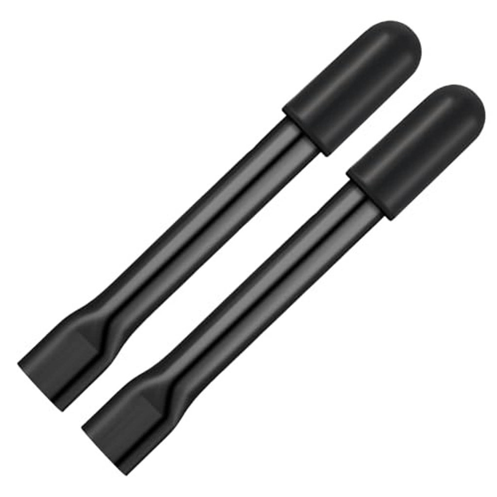 Wheelchair brake handle extension pair with black grips, angled view of extended levers.