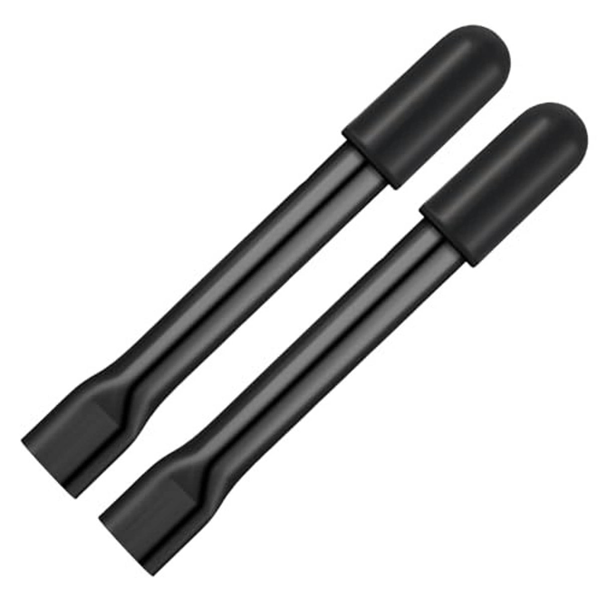 Wheelchair brake handle extension pair with black grips, angled view of extended levers.