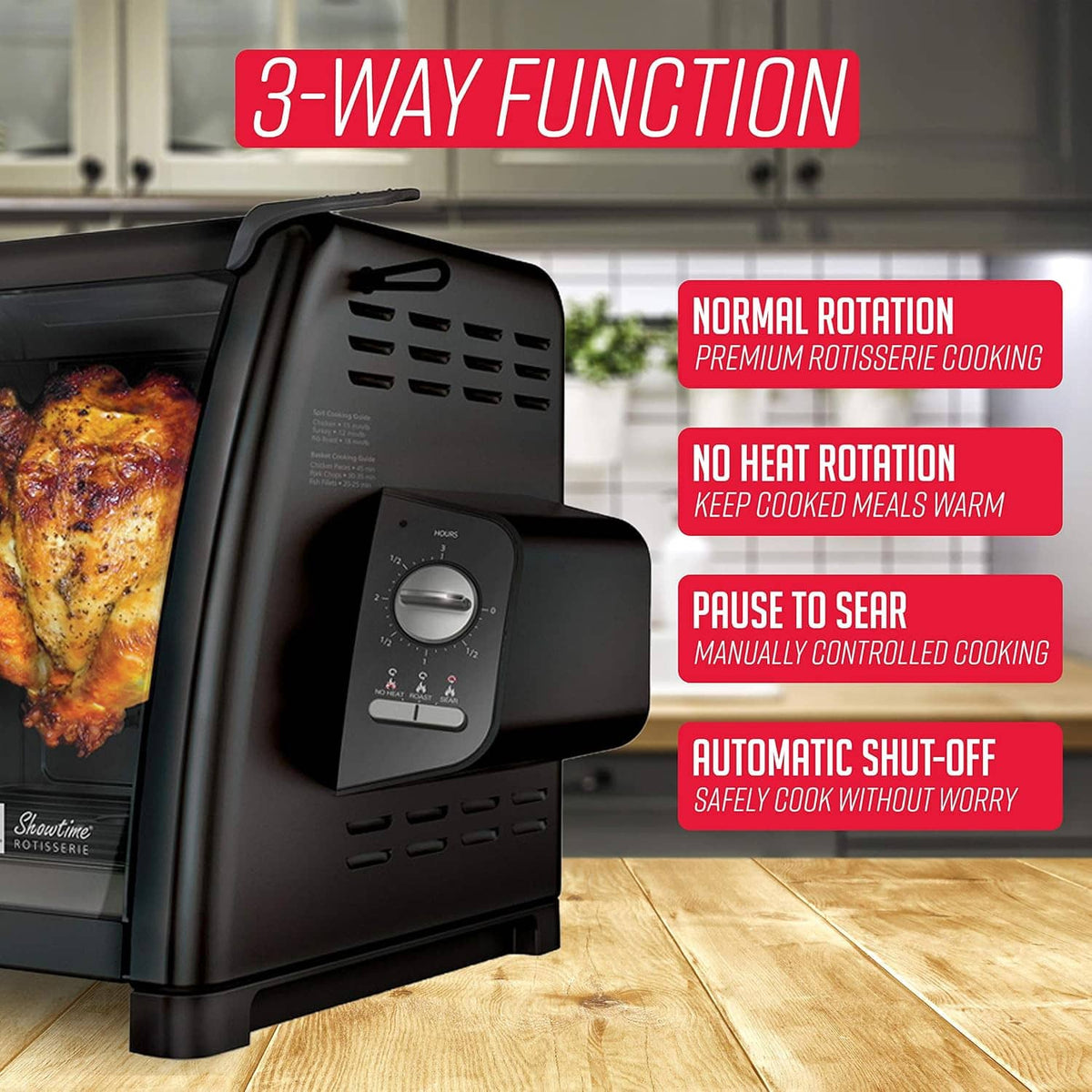 Countertop rotisserie oven with side control dial, heat shield, and interior cooking chamber