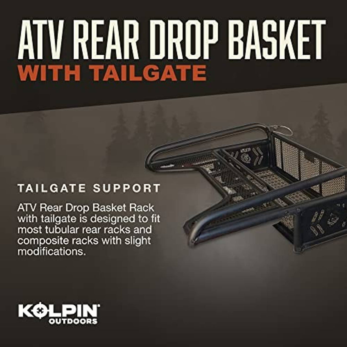 Black ATV rear drop basket with tailgate, mesh cargo deck and tubular support frame