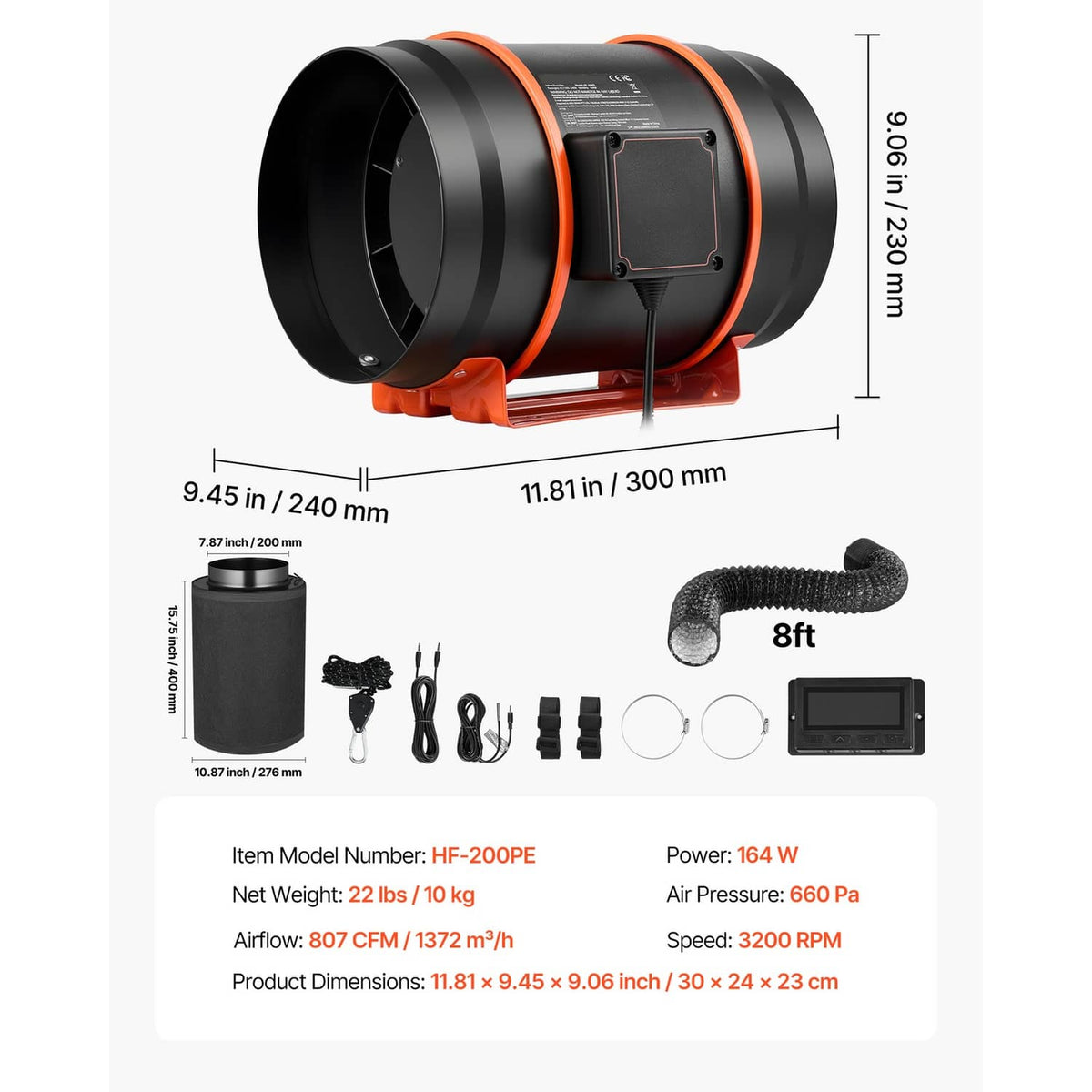 8 in inline duct fan kit with EC motor and PWM controller, black with orange ring