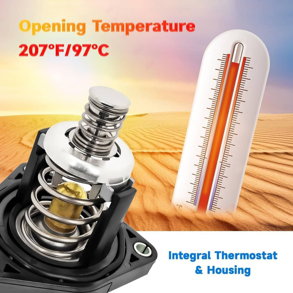 Thermostat and housing assembly for engine water pump, with temperature gauge scale
