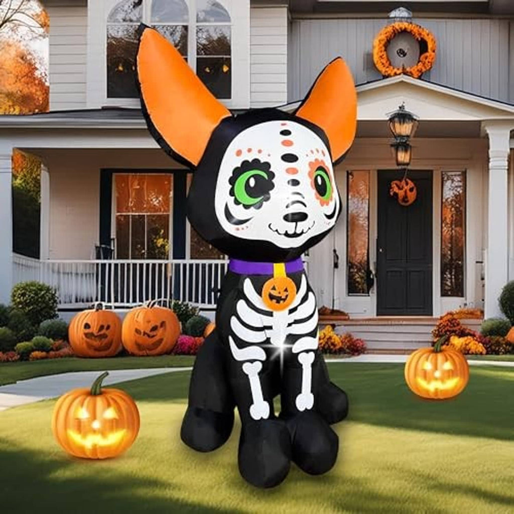 Halloween inflatable skeleton dog with orange ears, jack-o-lantern collar, standing pose.