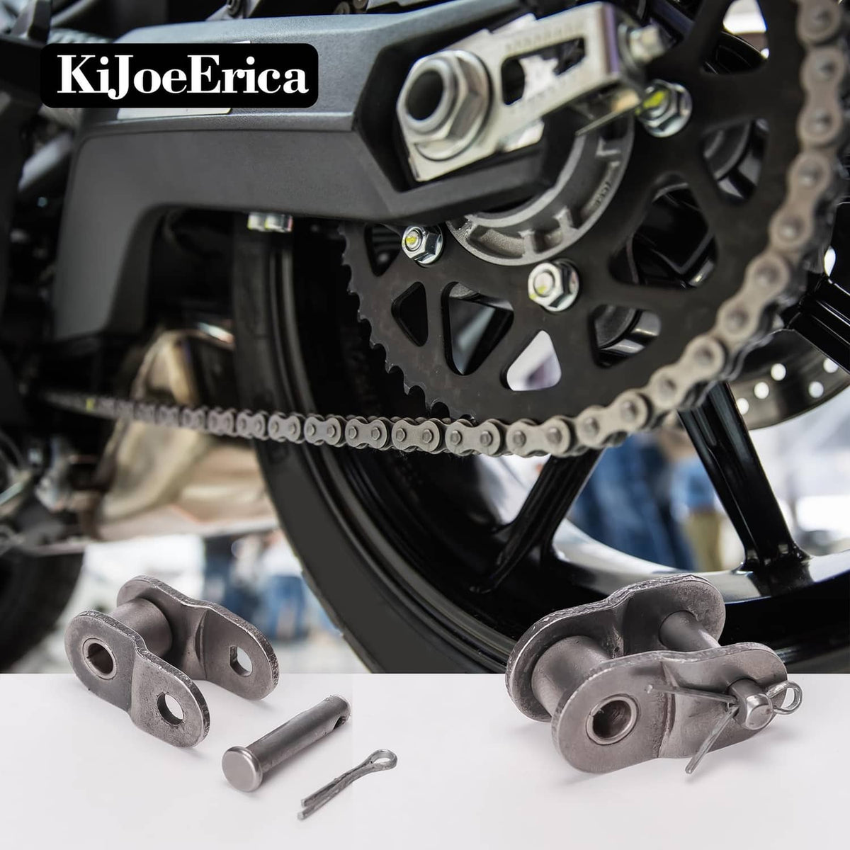 Steel roller chain half links and pin hardware near sprocket and chain