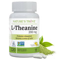 Nature's Trove L-theanine 200 mg bottle with 120 vegetarian capsules and leaf