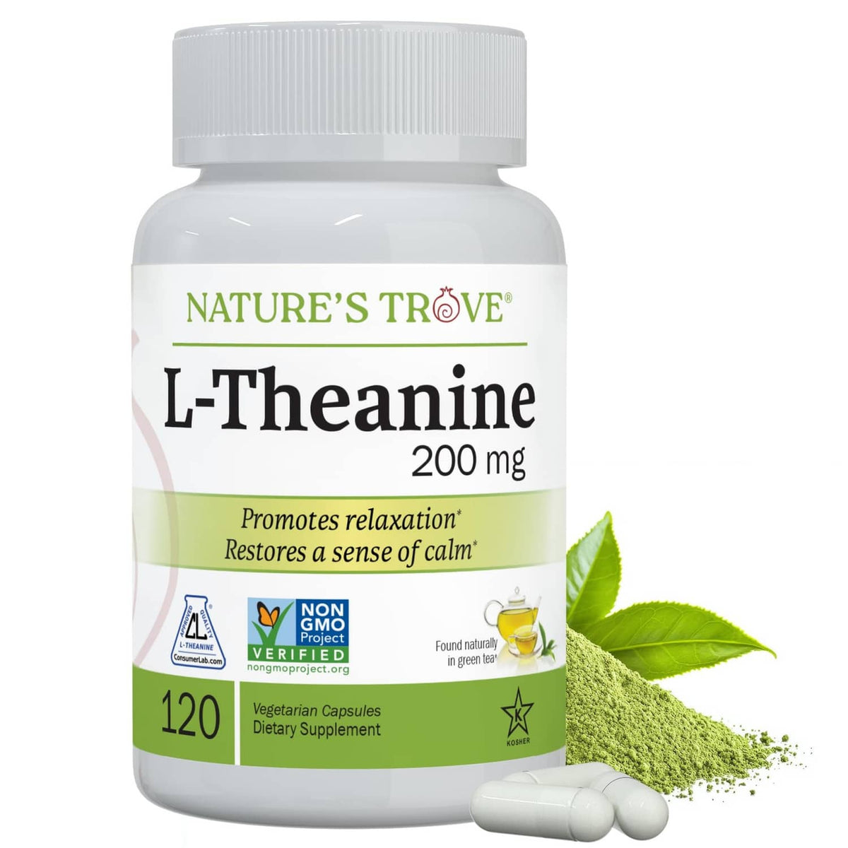 Nature's Trove L-theanine 200 mg bottle with 120 vegetarian capsules and leaf