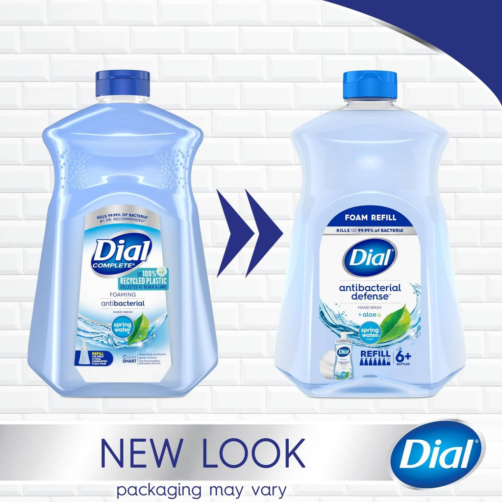 Two Dial antibacterial foaming hand soap refill bottles, light blue with blue caps