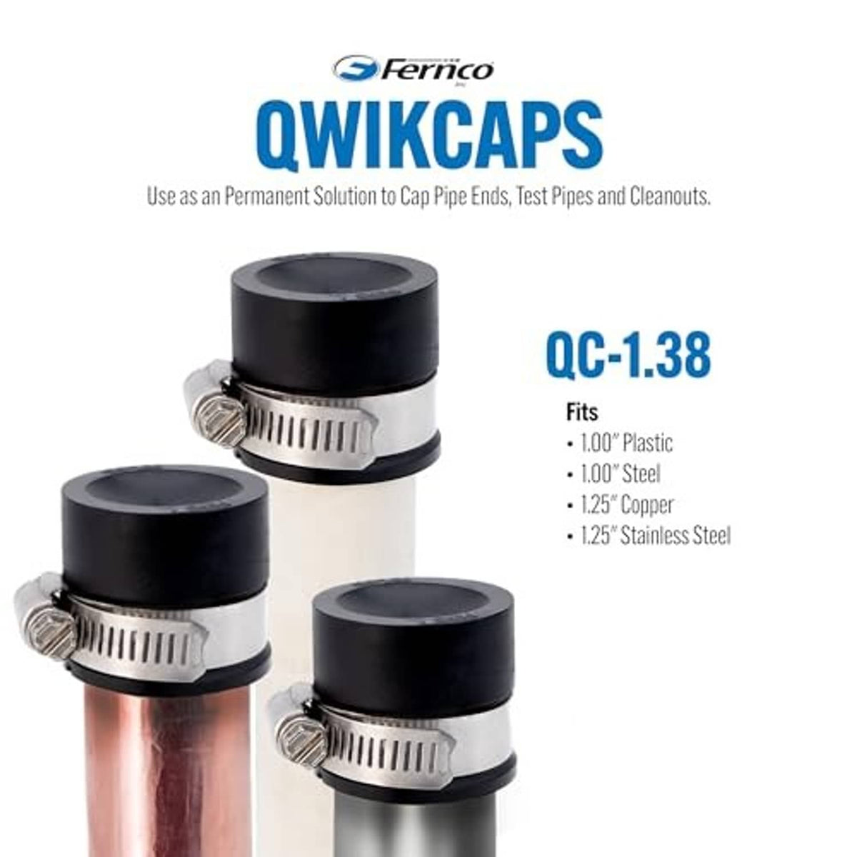 Flexible PVC pipe cap with clamp band and black top plug sized for 1 in. pipe ends